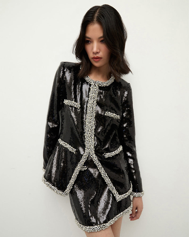 Perry Pearl-Trim Sequin Skirt