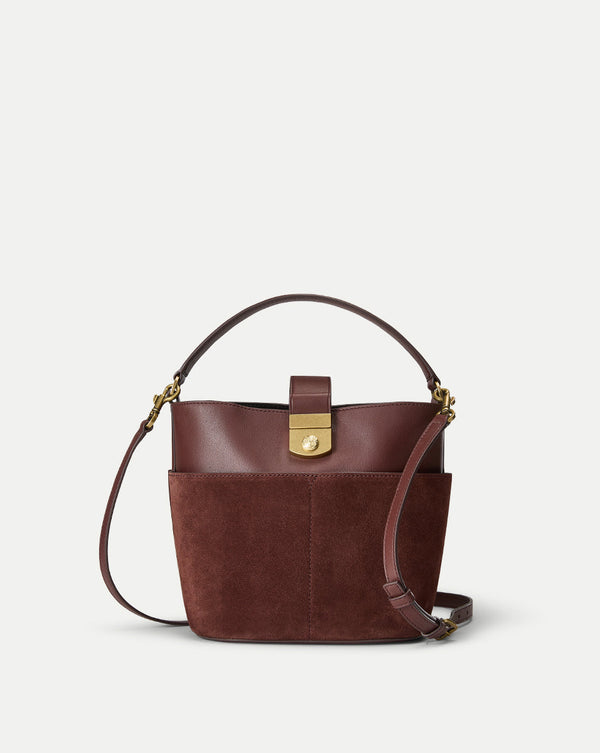 Small Crest Lock Suede Bucket Bag