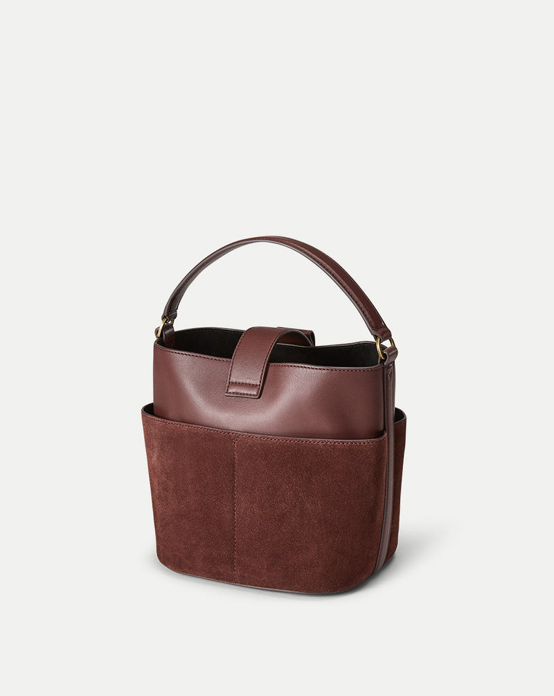 Small Crest Lock Suede Bucket Bag