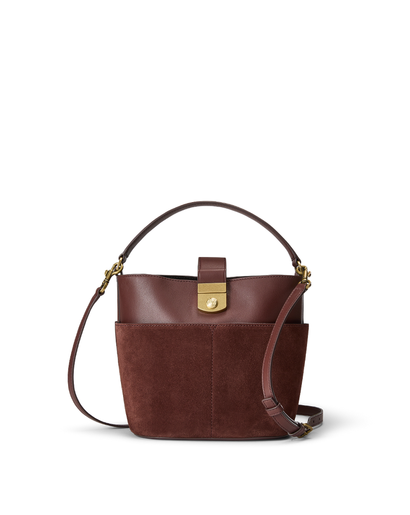 Small Crest Lock Suede Bucket Bag